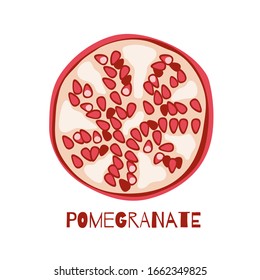 Pomegranate cut fruit icon. Vector drawing isolated on white. Red fruit with seeds. Botanical illustration. Cartoon flat design. 