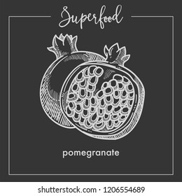 Pomegranate cut in half monochrome superfood sepia sketch.