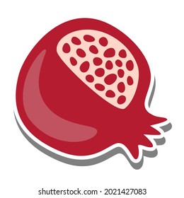 The pomegranate was cut in half on white silhouette and gray shadow with seed. Inside. Flat style for decorated and any design. Vector illustration about fruit.