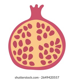 Pomegranate cut, half, Rosh Hashanah symbol, isolated on transparent. Hand drawn flat vector illustration. Traditional Hebrew New Year clip art, seasonal summer, autumn fruit design element