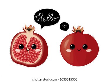 Pomegranate. Cute  characters. Vector set  in cartoon style. Isolated  fruits