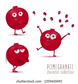 Pomegranate. Cute fruit vector character set with different expresions and positions isolated on white background