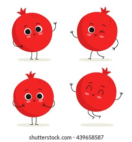 Pomegranate. Cute Fruit Vector Character Set Isolated On White