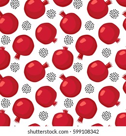 Pomegranate with decorative dots seamless pattern on white background. Cute summer fruit illustration. Decorative scandinavian style background. Design for wallpaper, fabric, decor, textile.
