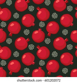 Pomegranate with decorative dots seamless pattern on black background. Cute summer fruit illustration. Decorative scandinavian style background. Design for wallpaper, fabric, decor, textile.