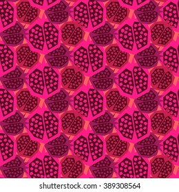 Pomegranate dense pattern. Seamless magenta pink garnet fruit floral vector ornament.