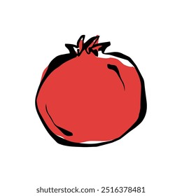 Granatapfel-Doodle-Zeichnung, Frucht, Vektorgrafik, schwarze Linie und roter Fleck auf weißem Hintergrund, einzeln