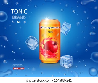 Pomegranate drink ads in an aluminium tin can with ice illustration