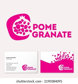 Pomegranate emblem and business card. Background of pomegranate seeds and pink wavy shape. Emblem for business, internet, online shop, label or packaging.