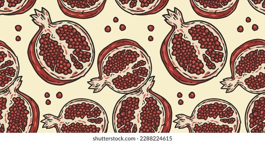 Pomegranate exotic fruit seamless pattern. Vector eco organic nature ingredient for food market.