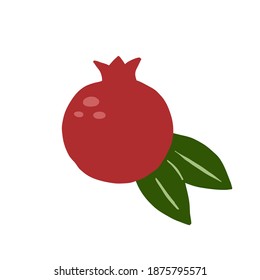 Pomegranate. Exotic tropical red fresh fruit, whole juicy garnet with green leaves, vector cartoon minimalistic style isolated illustration, print or poster, sticker