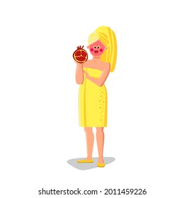 Pomegranate Face Mask Treat Young Woman Vector. Girl Wearing Towel After Bath Holding Pomegranate Fruit And Applying Natural Face Cream. Character Cosmetology Skin Care Flat Cartoon Illustration