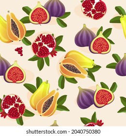 pomegranate, fig, papaya, seamless pattern, bright, juicy print