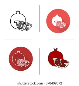 Pomegranate flat design, linear and color icons set. Ripe sliced pomegranate icons. Sweet tropical fruit. Long shadow logo concept. Garnet fruit isolated vector illustration. Infographic elements
