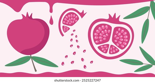 Pomegranate flat design vector illustration. Composition of a whole pomegranate and its parts in a simple style.
