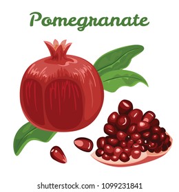 Pomegranate in flat style on white background. Whole and cut. Simple cartoon vector illustration or icon. Design element for cosmetics, spa, juice, health care products, perfume.