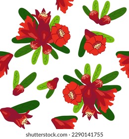 Pomegranate flowers Seamless pattern. Bright leaves and flowers. Shana Tova seamless pattern. Jewish New Year with Rosh Hashanah, Yalda