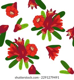 Pomegranate flowers Seamless pattern. Bright leaves and flowers. Shana Tova seamless pattern. Jewish New Year with Rosh Hashanah, Yalda