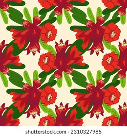 Pomegranate flowers Seamless pattern. Bright leaves and flowers. Shana Tova seamless pattern. Jewish New Year with Rosh Hashanah, Yalda