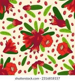 Pomegranate flowers Seamless pattern. Bright leaves and flowers. Shana Tova seamless pattern. Jewish New Year with Rosh Hashanah, Yalda