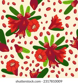 Pomegranate flowers Seamless pattern. Bright leaves and flowers. Shana Tova seamless pattern. Jewish New Year with Rosh Hashanah, Yalda