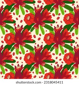 Pomegranate flowers Seamless pattern. Bright leaves and flowers. Shana Tova seamless pattern. Jewish New Year with Rosh Hashanah, Yalda
