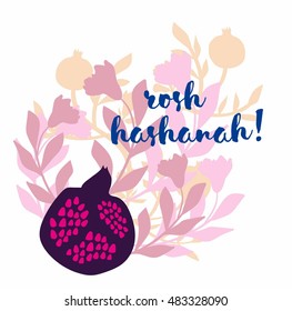 pomegranate with flowers vector greeting card template. jewish new year(rosh hashanah) vector greeting card.