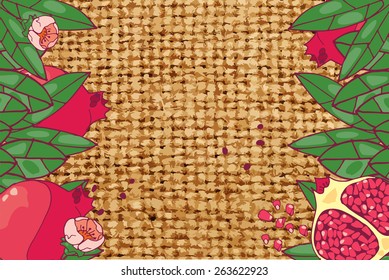 pomegranate foliage over old hessian fabric, abstract backgrounds 