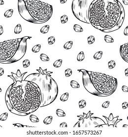 Pomegranate , food, nature vector seamless pattern . Concept for menu, cards, wallpaper, wrapping paper 