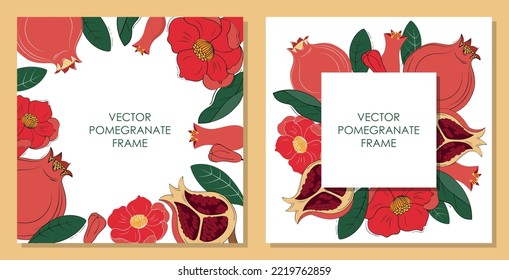 Pomegranate frame, abstract sketch border. Green leaf and flowers summer food, hand drawn tropical fruits, healthy card. Poster template. Rosh hashanah vector isolated current illustration