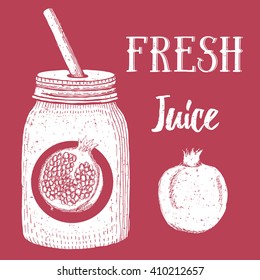Pomegranate fresh juice illustration with hipster jar in vintage style, vector
