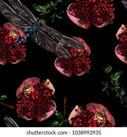 Pomegranate fruit, branches and dragonfly seamless pattern on black background. Vector illustration.