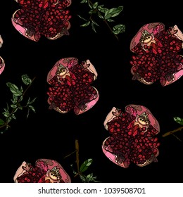Pomegranate fruit and branches seamless pattern on black  background. Vector illustration.