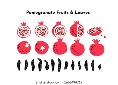 Pomegranate fruit bunde made of leaves, whole, cut and slice fruits and seeds. Vector drawing isolated on white. Simple cute  design. Great for card, poster, banner background. Botanical illustration.