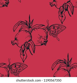 pomegranate fruit butterfly seamless pattern