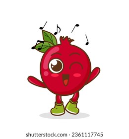 pomegranate Fruit cartoon mascot character Listening music. Cute pomegranate cartoon character dances to music