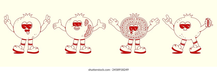 Pomegranate fruit character in linear style. Vector set of retro clockwork pomegranate mascots with different emotions, hand drawn hands and feet. Doodle illustration.