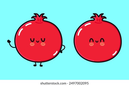 Carácter de la fruta de la granada. Icono de ilustración de personaje kawaii de dibujos animados dibujado a mano de Vector. Aislado sobre fondo azul. Concepto de carácter de fruta de granada