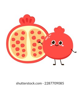 Pomegranate fruit in continuous cartoon vector style. Pomegranate contour with color. Flat isolated illustration. Pomegranate fruit mascot.