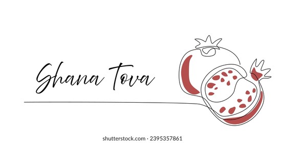 Pomegranate fruit in continuous single line style. Happy Shana Tova one line drawing. Editable stroke line art. Fruit contour with color shapes. Abstract minimalistic style. Design vector element