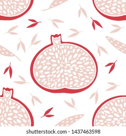 Pomegranate fruit cut in half flat vector Seamless stamp pattern with on white background. Great for fabric, textile, wrapping paper.