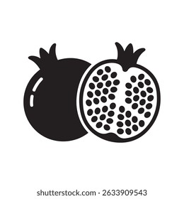 Fruta de granada cortada en ícono de Vector semiplano para App de alimentos y Sitios web. Silueta negra del Vector. con el fondo blanco

