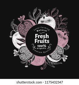 Pomegranate fruit design template. Hand drawn vector fruit illustration on chalk board. Engraved style retro botanical frame.