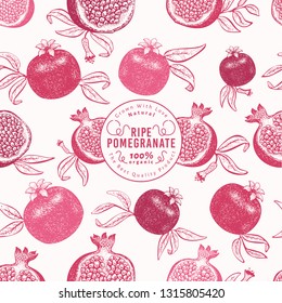 Pomegranate fruit design template. Hand drawn vector fruit illustration. Engraved style retro botanical background. Can be use for design menu, packaging, recipes, market products.
