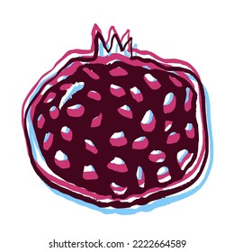 Granatobst im Doodle-Stil, Grafik. Farbverschiebung. Handgezeichnet, ungerade Linie, stilvolles Design. Kontrast und Ort, modernes Vektordesign. Früchte, Vitamine, Vegetarismus. Rosh Hashanah