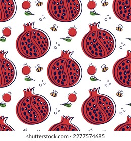 Pomegranate fruit in doodle style. Seamless pattern. Can be used to fill web page background, textile, wrapping paper. Vector