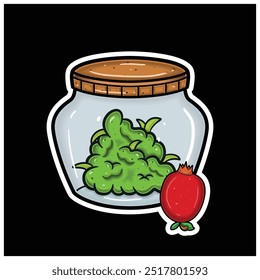 Sabor de la fruta de la granada con la mascota de la historieta de Weed Bud en tarro. Para pegatina y etiqueta. Vector e ilustración.