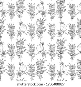 Pomegranate fruit with flowers surrounded by branches with leaves on a white background. Contour botanical image. Seamless vector pattern for various surfaces.