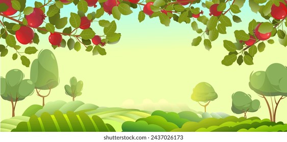 Pomegranate fruit. Garden landscape. Rural meadows and plants. Cartoon fun style Illustration vector