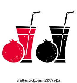 Pomegranate fruit, glass of juice color, black silhouette set isolated on a white background 